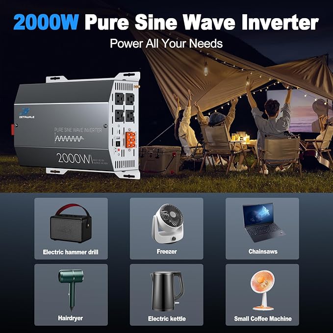 2000 Watt Pure Sine Wave Inverter 12v DC to 110v 120v AC Converter,4000W Peak Power Inverter with 4 AC Outlets,USB Port,Type-C,Remote Control LCD Display for Truck, RV, Vehicles, Solar Off-Grid