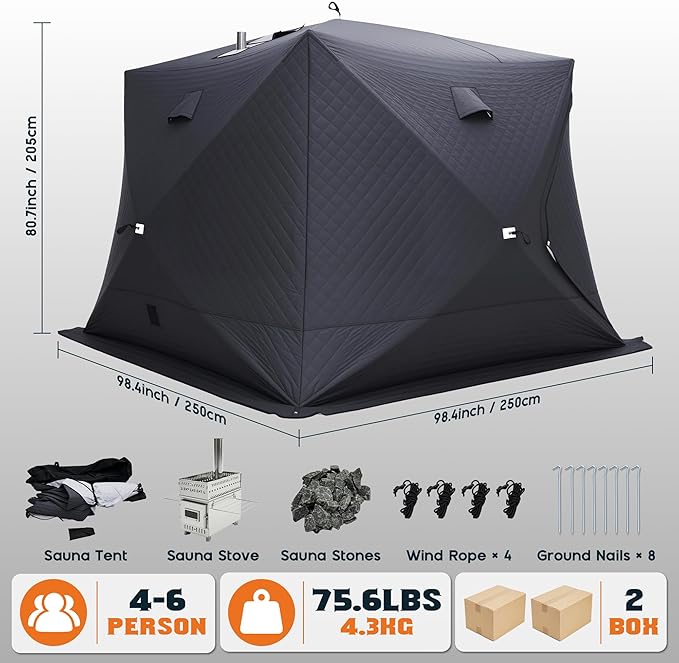 Albott Outdoor Sauna Tent, Portable Wood Burning with Stove, 4-6 Person Steam for Dry Sauna, Oxford Cloth & Carbon Steel Stove with Stone, 8.2’ x 8.2’ x 6.7’, Grey