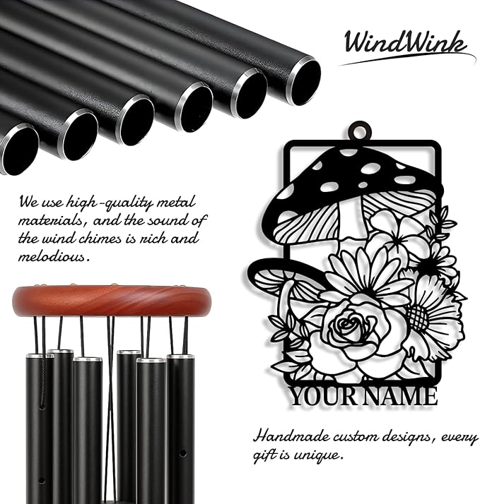 Personalized Customize Name Fantasy Mushroom Wonderland Wind Chime, Metal Iron 37 Inch Outdoor Memorial Gift for Garden Yard Patio Home Decor, Black (Style H)