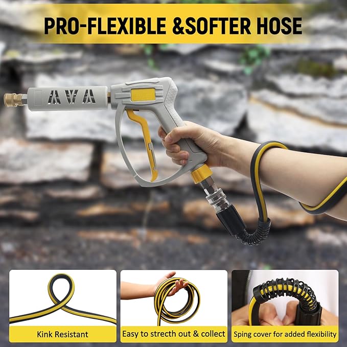 Pressure Washer Hose 50ft - 1/4" Flexible Power Washer Hose Kink Resistant,3600 PSI Leak-Free M22-14mm Extension Replacement Hose 5 Accessories with storage strap