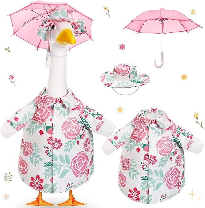 Soulchen Porch Goose Outfit with Umbrella for Lawn Porch 23'' Goose Costume Pink Flower Skirt for Spring Summer Outdoor Patio Yard Lawn Decoration