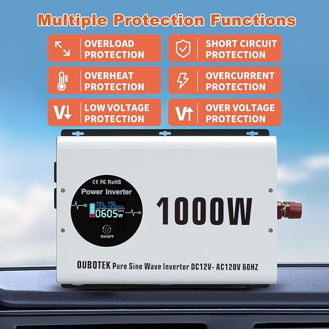 1000 Watts Power Inverter Peak Power 2000W Pure Sine Wave 12V DC to 120V AC RV Converter with Wireless Remote Control LCD Display 4 AC Outlets Dual USB Port Type C Off Grid Solar Inverter