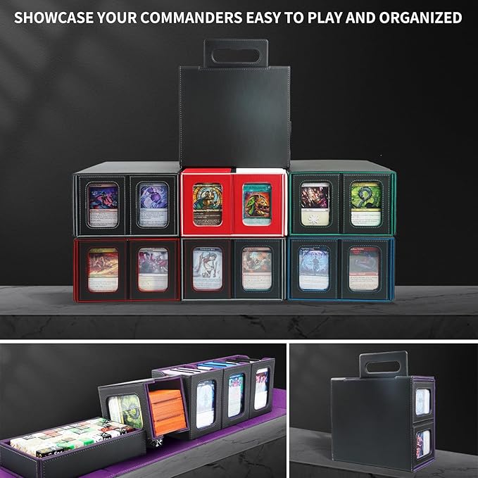 AFIING Commander Deck Box for MTG, Holds 400+ Double-Sleeved Cards, 4 Removable Deck Cases with Display Window, Dice Tray/Handle,Trading Card Storage Organizer/Dividers for TCG (Black Purple)