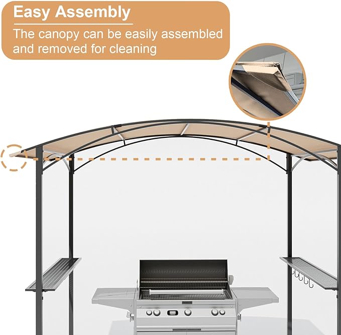 Gotland 8'x 5' Outdoor Grill Gazebo, BBQ Canopy Shelter with 2 Metal Openwork Shelving Units & 5 Tool Hooks, Curved Waterproof Top for Party, Backyard, Poolside Khaki