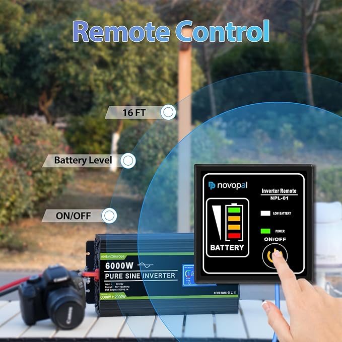 NOVOPAL 6000 Watt Pure Sine Wave Power Inverter DC 24V to AC 110V 120V Rv Inverters with 1 USB Port-16 feet Remote Control, LCD Display for Truck, Hurricane, Home