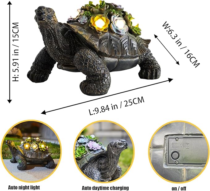 Solar-Powered Succulent Turtle Statue - Resin Garden Decor with LED Lights, Waterproof Outdoor Ornament for Patio, Yard, Lawn - Unique Housewarming Gifts