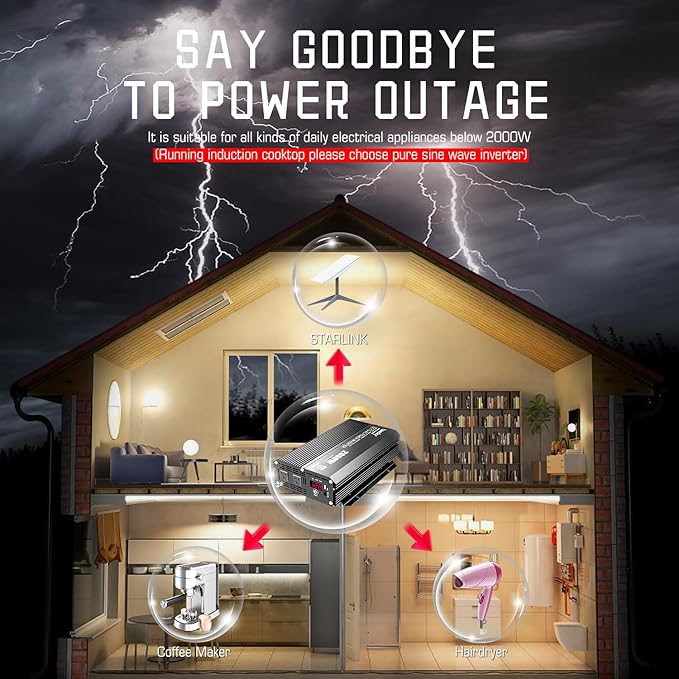 2000 Watt Power Inverter, 12V DC to 110V 120V AC Inverter, Car/Outdoor Home RV Truck Off-Grid Solar Power, Built-in UL Fuses, Compatible with Lithium Battery, 15FT Remote Controller, 2.4A USB Port