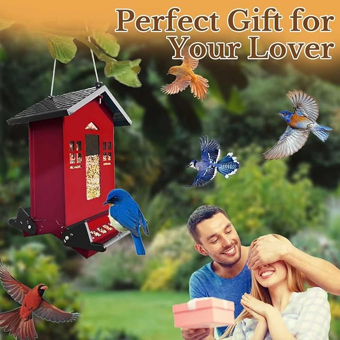 Squirrel Proof Bird Feeder, Red Metal Bird Seed Feeder for Outdoors Hanging Chew-Proof, 6lbs Large Seed Capacity for Cardinal, Finch, Sparrow, Blue Jay, Swallow