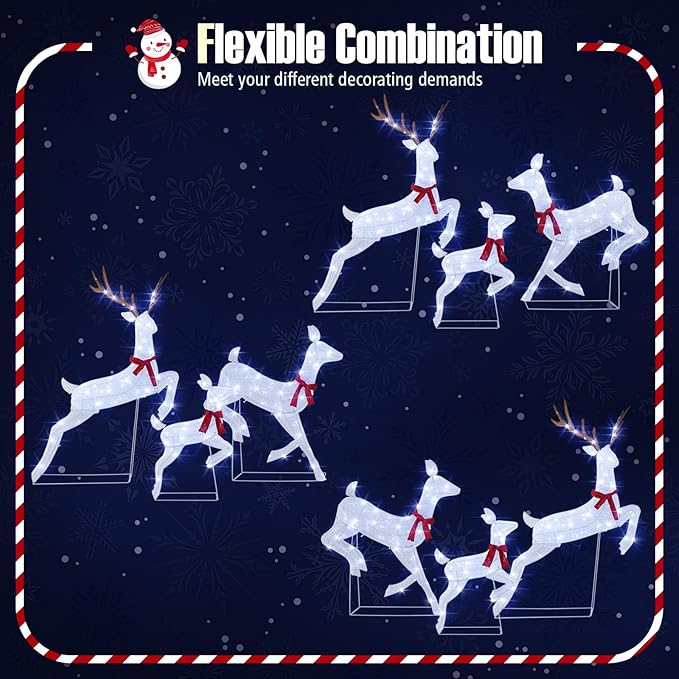 Tangkula 3-Piece Christmas Lighted Reindeer Family Set, Xmas Pre-Lit Reindeer with 255 Cold White LED Lights, Ground Stakes & Zip Ties, All-Weather Festive Decoration for Indoor Outdoor