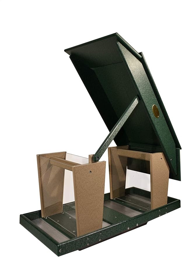 DutchCrafters Poly Post Mount Extra Large Double Hopper Bird Feeder, Outdoor Wild Bird Feeder for Outside, USA Amish Made (Turf Green & Weatherwood)