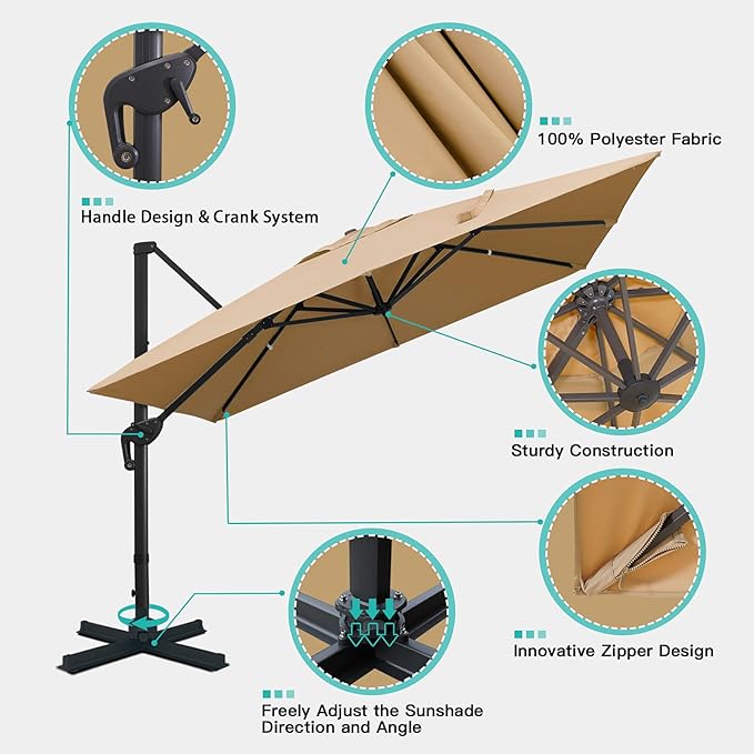 Sunnyglade 10x10Ft Cantilever Patio Umbrella Square Deluxe Offset Umbrella 360°Rotation & Integrated Tilting System Heavy Duty Patio Hanging Umbrella for Market Garden Deck Pool Backyard Patio (Tan)