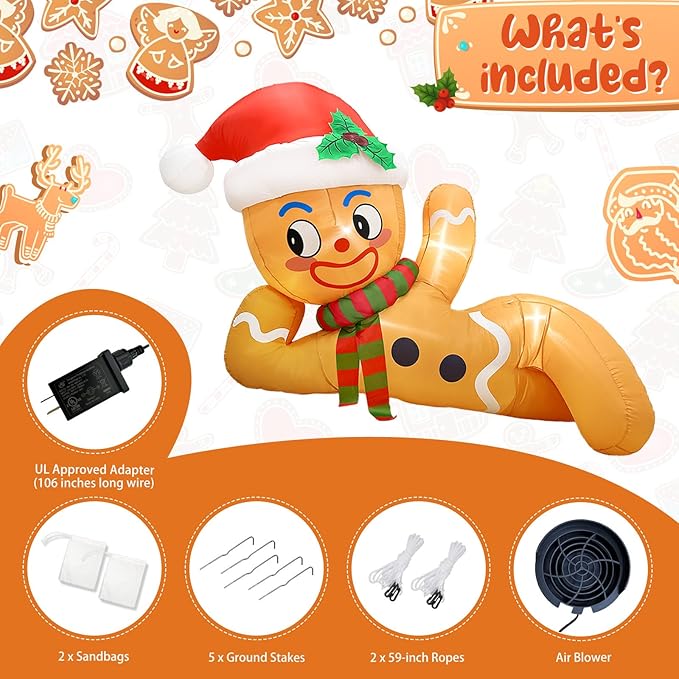 10 FT Christmas Inflatable Outdoor Decoration, Lying Gingerbread Inflatable Christmas Blow up Yard Decorations with LED Lights, Gingerbread Christmas Decoration Outdoor for Yard Garden Lawn