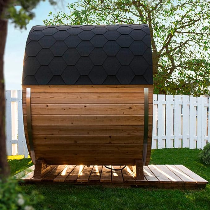 Outdoor Wooden Full Glass Door Barrel Sauna, 4 Person Sauna Room 220V， 6kw ETL Electric Heater， Accessories and Asphalt Shingle Roof (Cedar) (Cedar, 1)