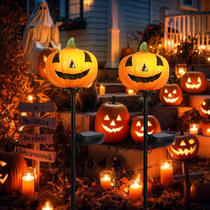 Afirst Halloween Pumpkin Pathway Solar Lights Handblown Glass Halloween Jack O Lantern Halloween Yard Display Solar LED Outdoor Décor Front Porch Decor 2 Pack, Orange