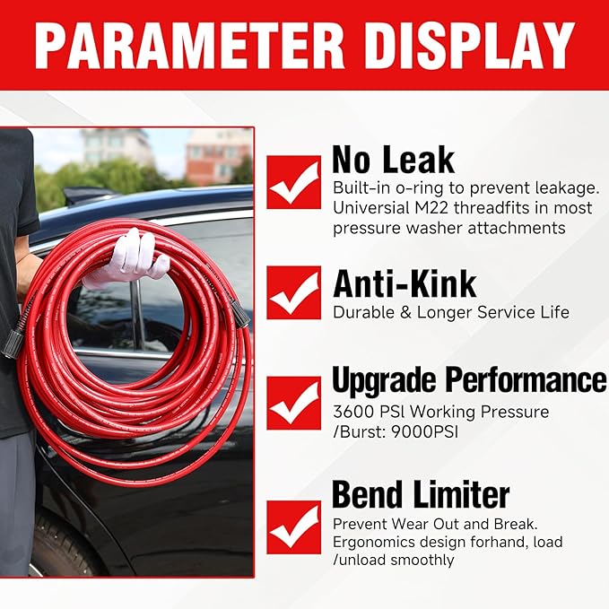 1/4"*50FT Pressure Washer Hose,Kink-Free with M22-14mm Stainless Steel Thread Power Washer Hose,Stainless Steel Adapter Set(5-piece),Suitable for Ryobi,Troy Bilt,Greenworks,Simpson（3600PSI)