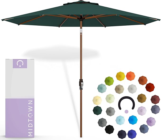 Midtown Umbrellas Wooden 2-8 Feet Outdoor Patio Umbrella, Terylast Dark Green Fabric, Aluminum Frame For Backyard Umbrella, Deck Umbrella, Garden Umbrella & Pool Umbrella - Wooden Pole