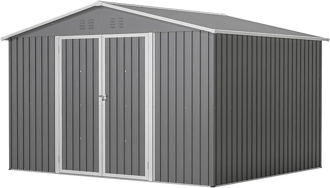 10X8 FT Outdoor Storage Shed, All Weather Metal Sheds withLockable Doors, Tool Shed for Garden, Patio, Backyard, Lawn, Silver Gray