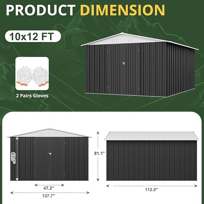 10x12 FT Outdoor Storage Shed, Garden Shed with Updated Frame Structure and Lockable Doors, Metal Tool Sheds for Backyard Garden Patio Lawn, White