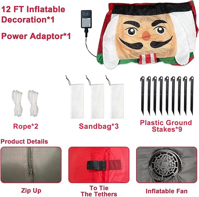 TURNMEON 12 Foot Giant Christmas Inflatables Nutcracker Decoration Outdoor Blow Up Candy Cane Christmas Decoration with Build-in LED Light Tethers Stakes Xmas Decor Holiday Party Yard Garden Lawn Home