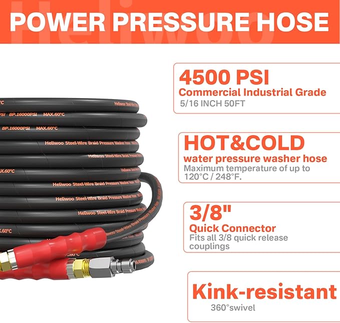5/16" Pressure Washer Hose 50 FT, Hot and Cold Water Power Washer Hose Max 140°F, Commercial Industrial Grade Steel Wire Braided Kink Proof Extension Hose with 3/8 Quick Connect 4500 PSI