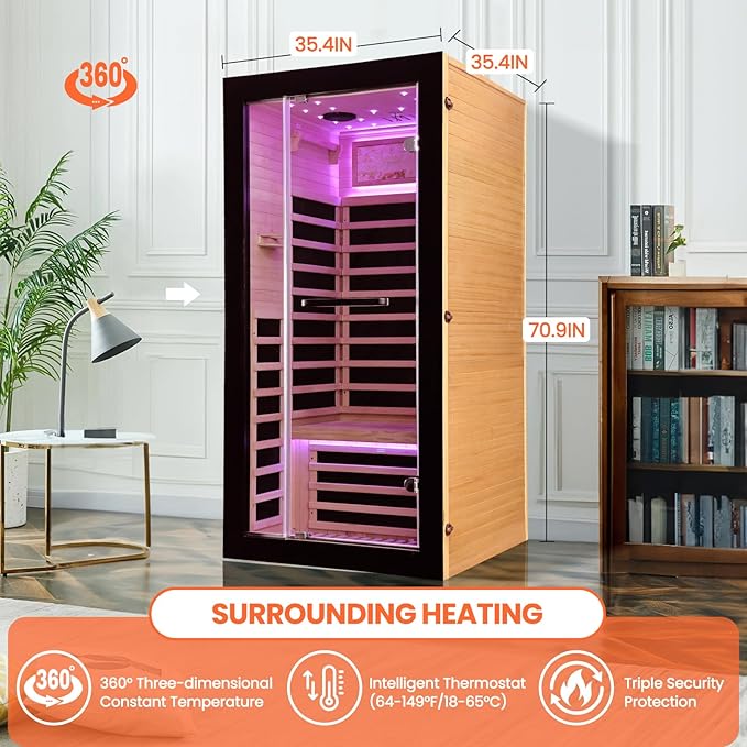 One Person Sauna Far Infrared Saunas Room Canadian Hemlock 1450W Dry Saunas Spa with 7 Starry Sky Light 33.5 * 33.5 * 70.8inch