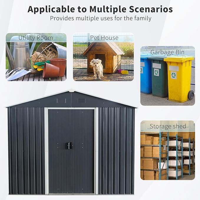 6x8 FT Outdoor Storage Shed, Metal Garden Shed with Frame Floor, Outside Tool Shed with Lockable Sliding Doors, Waterproof Storage Building with Sloped Roof for Backyard, Patio, Lawn, Black