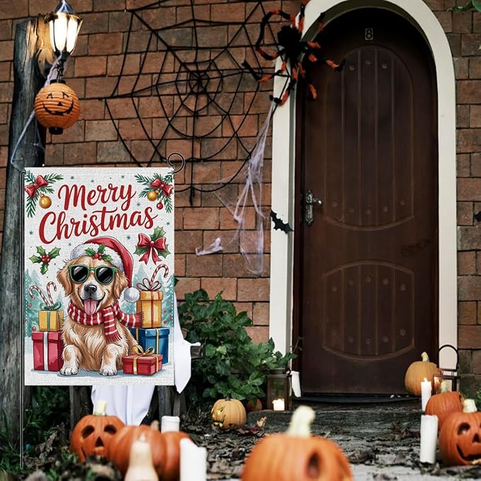 HTBIG Merry Christmas Garden Flag, Funny Golden Retriever Pumpkin Christmas Decor, Yard Flags for Outside 12x18 inch, Outside Yard for Home Decorations