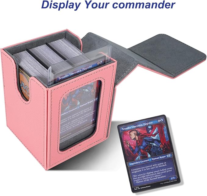 AFIING MTG Deck Box for Commander Display,Card Deck Box Fits 100 Double Sleeved Cards, Magic Commander TCG Card Storage Box with 2 Dividers,Drawstring Bag and 1 Toploader(Pink/grey)