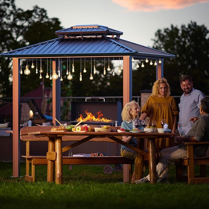 Hoteel 6x8ft Hardtop Grill Gazebo, Outdoor Patio Aluminum Frame Barbecue Gazebo with Galvanized Steel Double Roof and 2 Side Shelves for Deck Lawn Backyard Garden and Party, Black(2025 Upgraded)