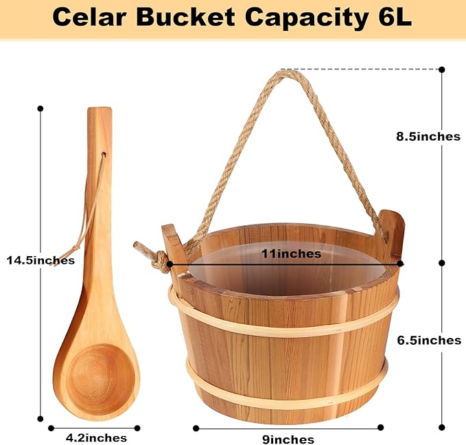 6L-1.6Gal Cedar Wood Sauna Bucket and Ladle Set, Handmade Wooden Sauna Bucket with Ladle, 14.5″ Sauna Ladle,Premium Pine Sauna Accessories Kit for Steam Sauna, Natural Wooden Bucket for Sauna