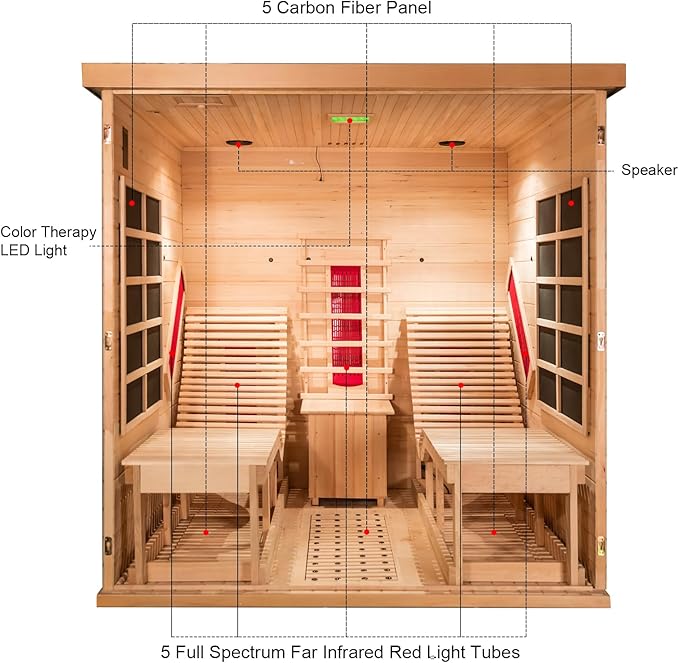 Smartmak Full Spectrum Infrared 2 Person Sauna Room, Red Light Therapy Luxury Wood Home Sauna with Recliner, Canadian Hemlock Indoor Dry Saunas Spa, 3400W with 10 Heaters, Speakers, Lights, Oxygen Bar