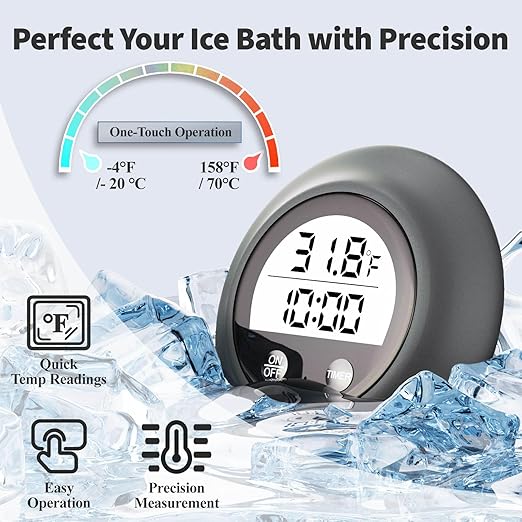 Silicone Cover Ice Bath Thermometer with Timer, Waterproof Floating Water Thermometer for Cold Plunge, Works with Ice Bath Tub Hot Tub Accurate Recovery(Gray)
