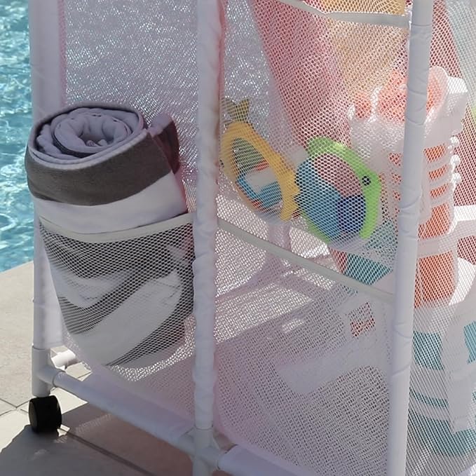 Essentially Yours Pool Storage Equipment Organizer Holder - Noodles, Toys, Balls and Floats Mesh Rolling Double Decker Bin, Large with Noodle Holder, (35.3" W x 23" L x 59.4" H), White Style 561935