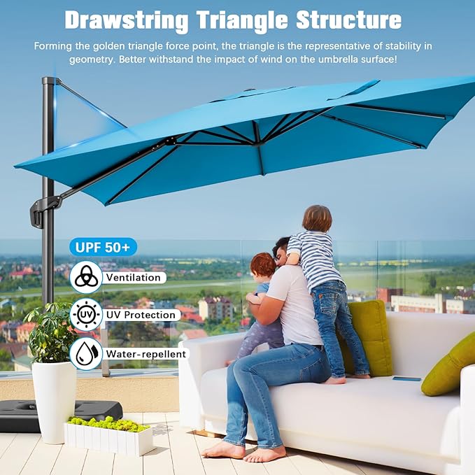 Hotime 10ft Patio Umbrella Outdoor Patio Height adjustable and Windproof, Heavy Duty Aluminum Square Offset Patio Umbrella Cantilever Pool Umbrella with 360°Rotation for Garden Deck Pool, Light Blue