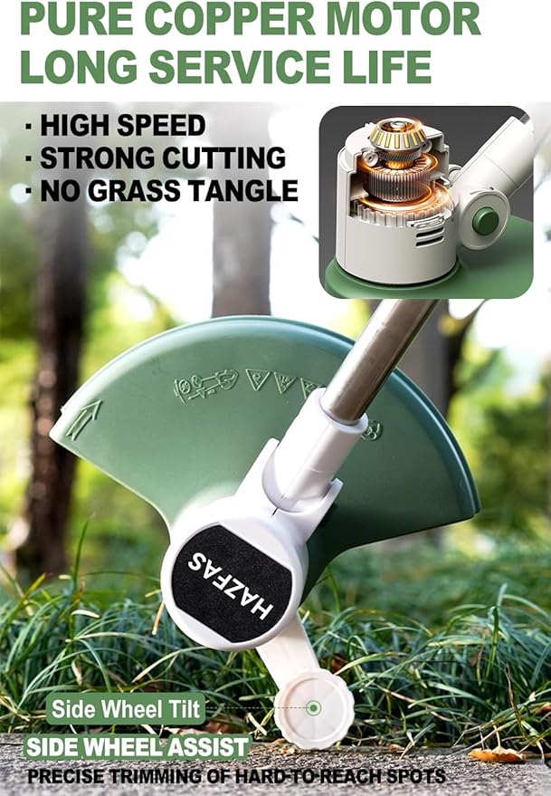 Cordless String Trimmer, Foldable Design with Adjustable Handle Trimmer Lawn, Weed Wacker with 2 x Batteries, Safe Reliable Edger Lawn Tool, Electric Weed Eater, White Green