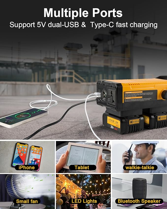Amityke Upgrade 300W Portable Power Supply Inverter Compatible with 2 Pack 20V Battery 6.0A, DC 20V to AC 110V~120V Modified Sine Wave Power Inverter with AC Outlet and Dual USB Yellow