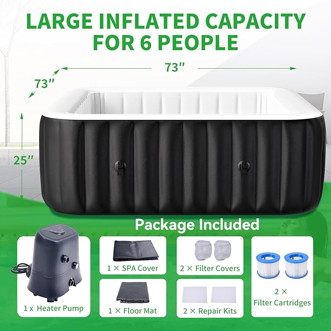 4-6 Person Square Inflatable Hot Tub, Blow Up Portable Hot Tub, Leak-Proof PVC Outdoor Spa with 130 Strong Air Jets, Heater Pump and Insulated Cover
