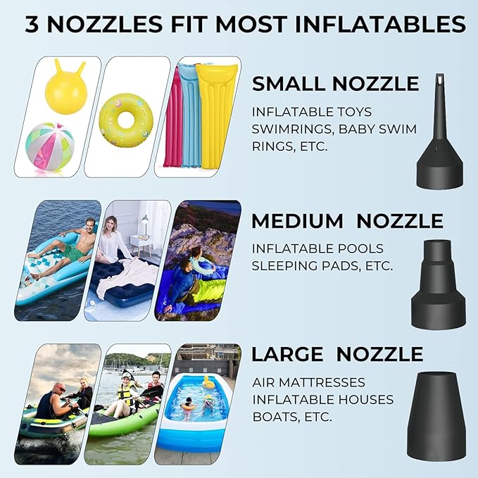 Quick-Fill Electric Air Pump with 3 Nozzles, AC 110V-120V Portable Inflator Deflator for Inflatables Pool Float Toys Air Mattress Bed Couch Swim Ring Tube Raft