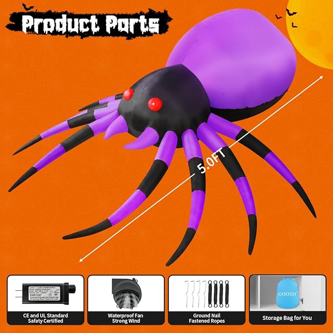 GOOSH 5 FT Width Halloween Inflatable Spider Outdoor Decoration with Magic Light, Blow Up Yard Inflatables Holiday Inflatables for Outdoor Yard Garden Lawn Decor