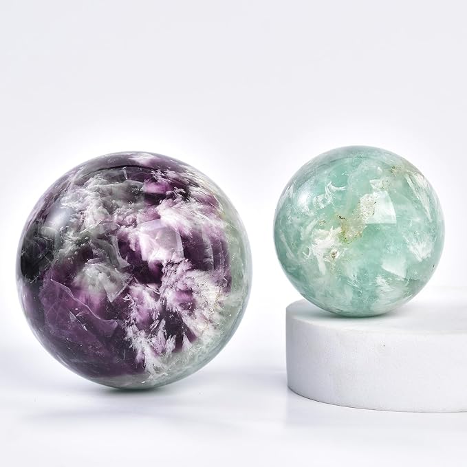 JIC Gem 2.7-3.1 inch(70-80mm) Large Crystal Ball Feather Fluorite Healing Crystals Sphere with Wooden Stand Meditation Home Decor