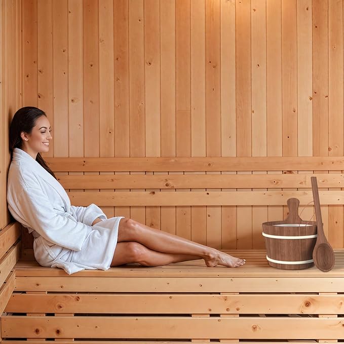 Sauna Bucket and Ladle, Sauna Accessories Made of Hand-Made Red Cedar, Wooden Sauna Set with Plastic Lining and Handle