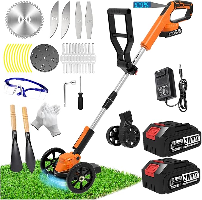 Electric Weed Wacker Eater Cordless Battery Powered, Weed Trimmer 21V Lightweight No-String with 2 Battery Operated & Wheels, 3 in 1 Stringless Grass Trimmer/Edger/Brush Cutter for Garden Yard Lawn