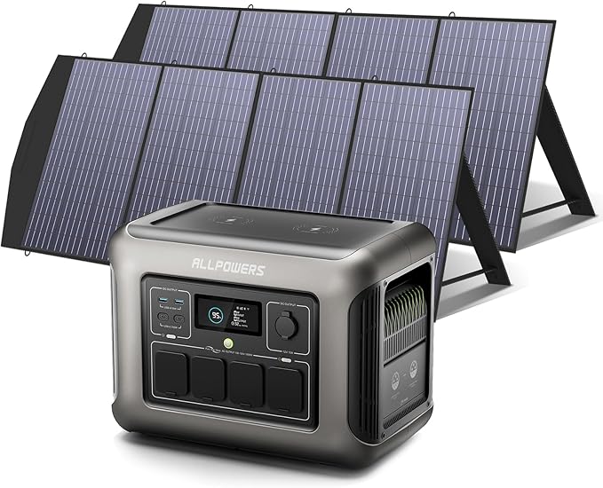 ALLPOWERS R1500 LITE 1600W/1056Wh & 3500+ Cycle LiFePO4 Battery with 4xAC Outlets, 650W MPPT, and UPS <15ms for Home, RV, Outdoor. (R1500 LITE+SP033*2-200W)