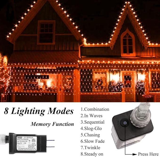 LED Net Light Fall Decor Mesh Lights, 240LED Tree Warp Fairy Lights Outdoor Hanging String Light for Home, Bedroom, Christmas, Garden, Walkway, Bushes,Halloween Decor-9.8ft x 6.6ft(Orange)