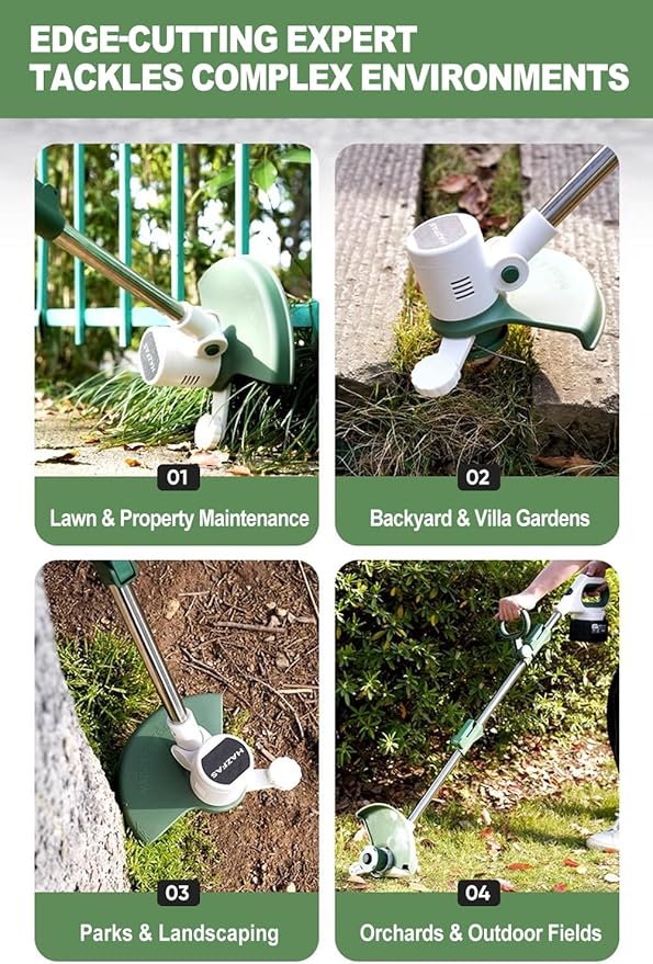 Cordless String Trimmer, Foldable Design with Adjustable Handle Trimmer Lawn, Weed Wacker with 2 x Batteries, Safe Reliable Edger Lawn Tool, Electric Weed Eater, White Green