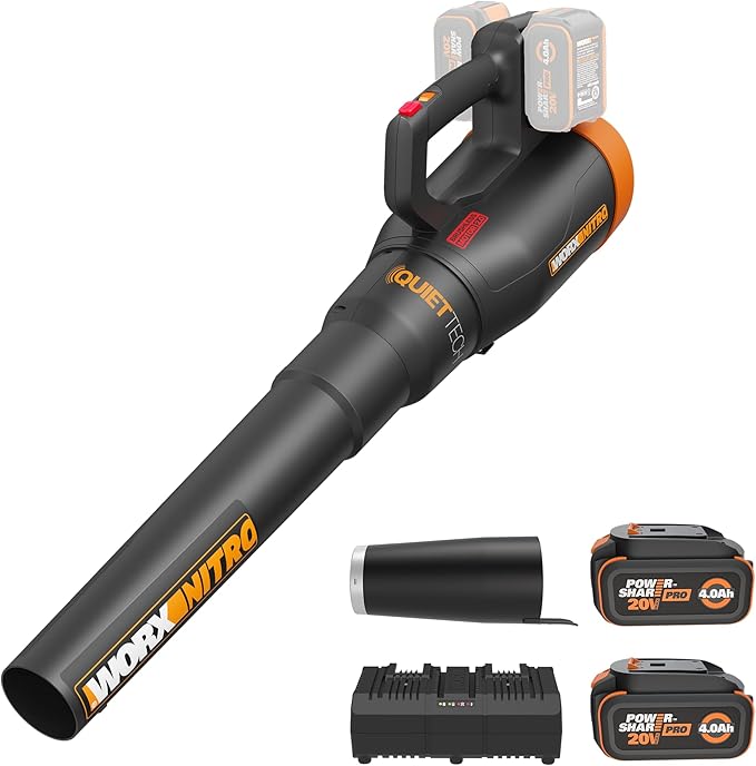 WORX Nitro WG581.1 40V Cordless Leaf Blower, Quiet Electric Blower for Lawn Care with 530CFM & 180MPH, 2 Batteries & Charger Included