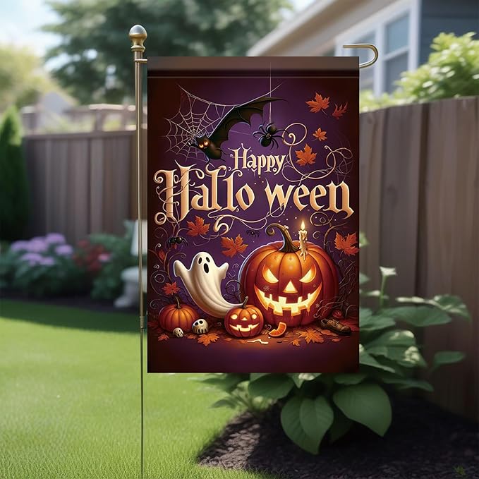 Halloween Garden Flag Happy Halloween Pumpkin Ghost Flag Double Sided Outdoor Yard Banner Fall Seasonal Decoration for Garden Lawn Patio Party Autumn Outdoor Yard Decor 12x18 Inch