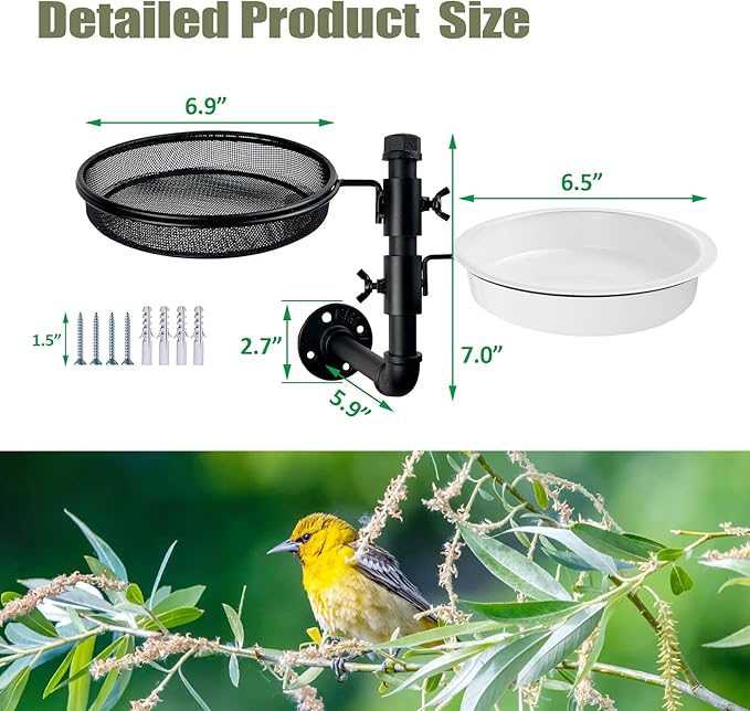 Wall Mounted Bird Feeder with Metal Mesh Seed Tray and 2 Bird Bath Bowls,Heavy Duty Fence Tree Mount Birds Feeder for Outside Wild Birds,Table Mountable Platform Feeder in Garden Backyard
