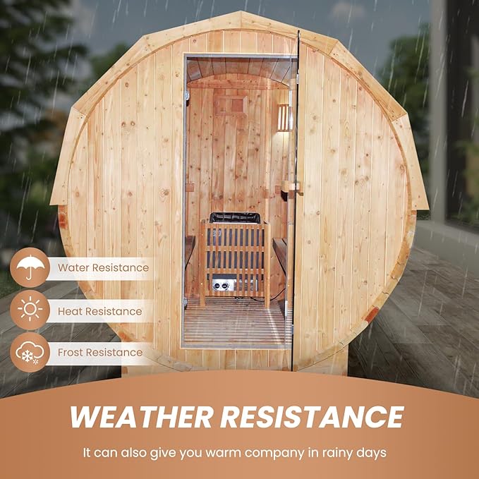 Outdoor Barrel Sauna 4 Person Traditional Steam Sauna 220V Wood Personal Spa Room with 4.5KW Heater Thermometer Hourglass Cup Holders 59''x74.21"x75.85"