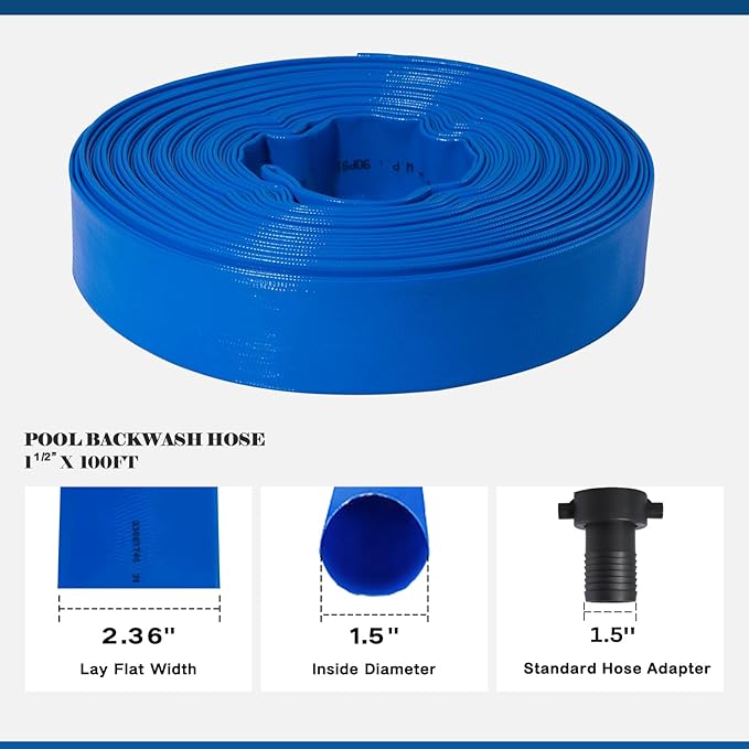 Eastrans 1 1/2 in x 100 ft Pool Backwash Hose Kit with Female NPT Adapter,Heavy Duty Discharge Pump Hose for Swimming Pool,Reinforced Pool Drain Hose with 2 Clamps and Thread Seal Tape,6 Bar